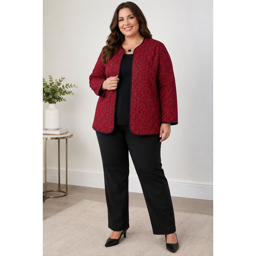 Catherines 1X 18/20W Red Black Damask Quilted Jacket Open Front Plus Size